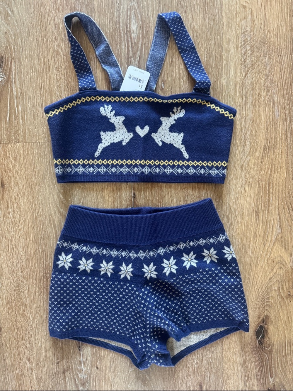 Free People Navy Blue Fair Isle Knit Bralette & Shorts Set- Medium